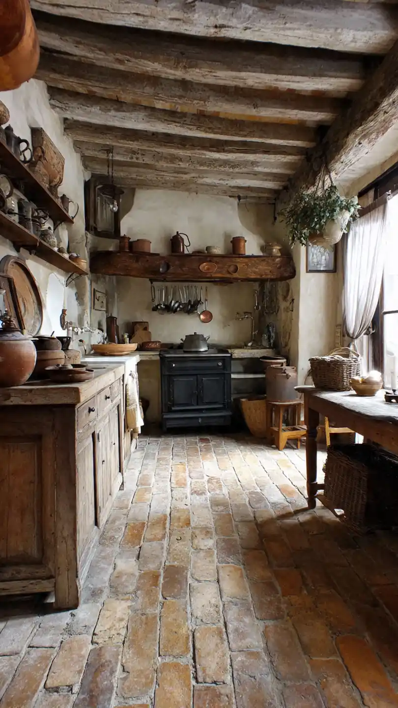 French Cottage Decor with Worn Terracotta Floor Tiles or Oak Planks
