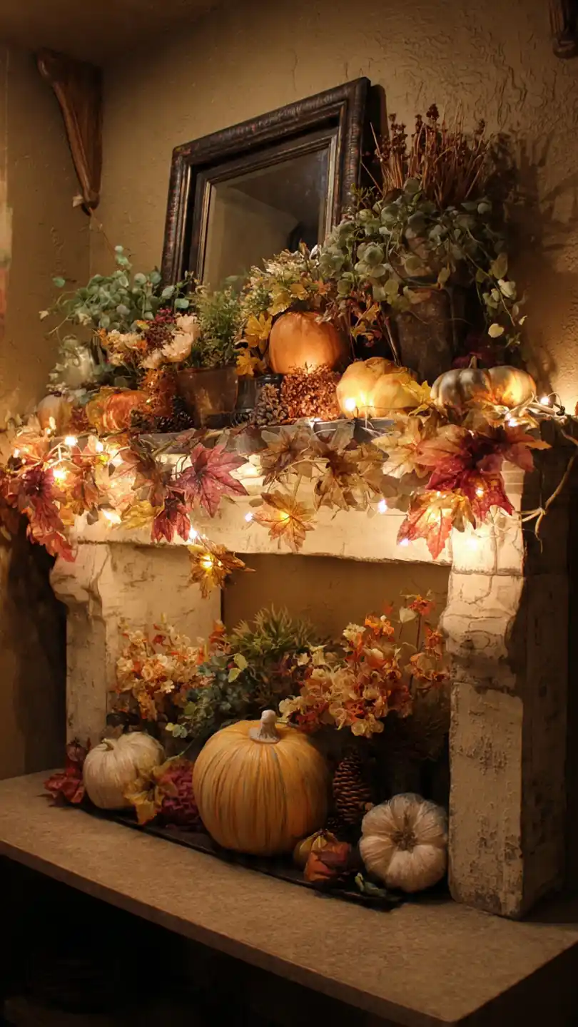 Lighted Mantle Decor with Autumn Harvest