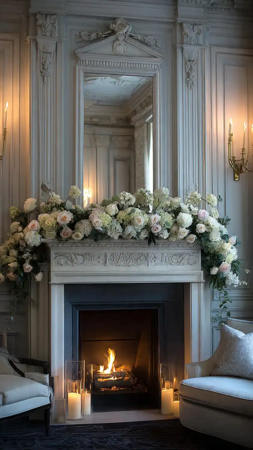 Lighted Mantle Decor with Monochromatic Elegance