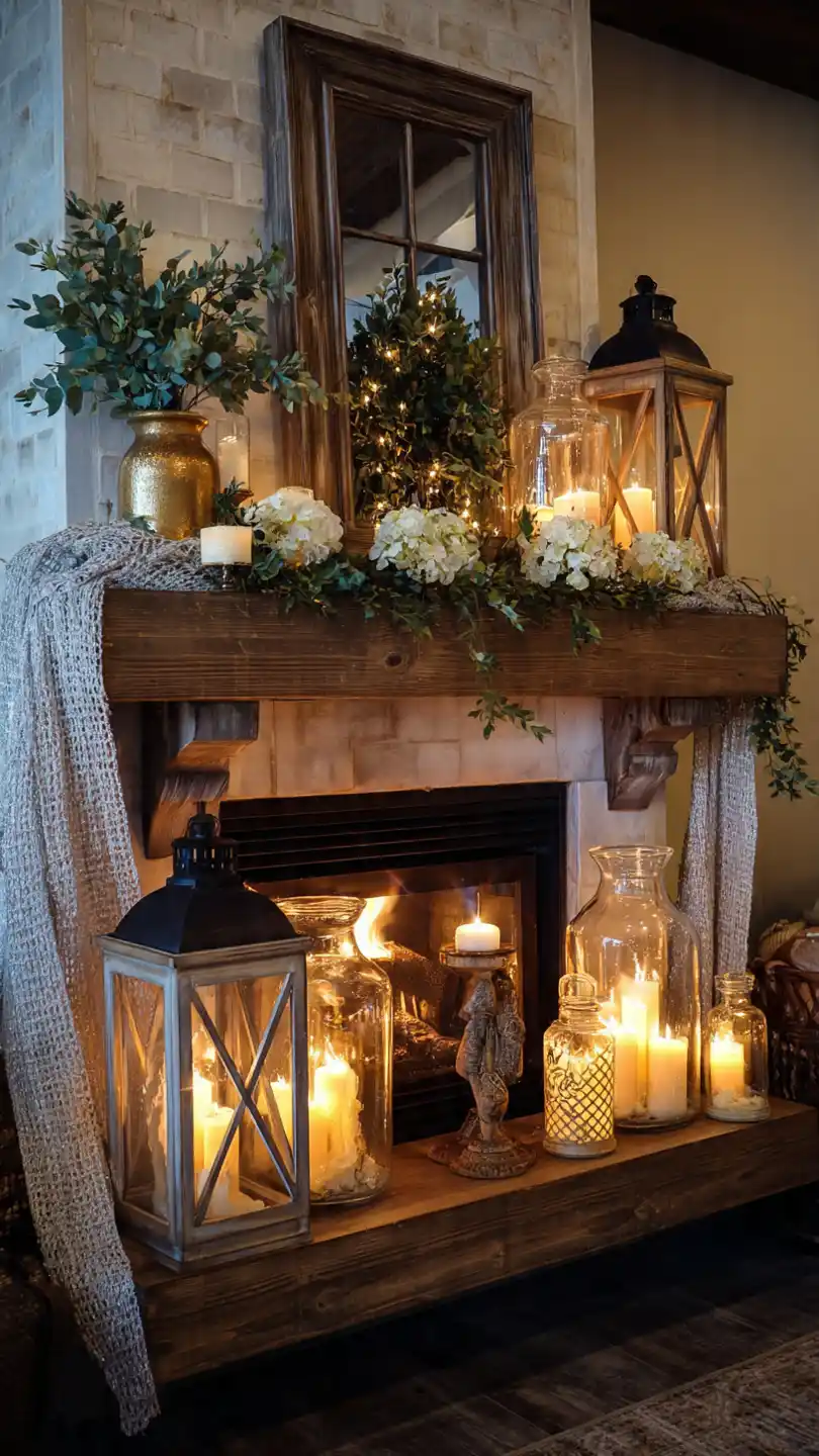 Lighted Mantle Decor with Rustic Charm