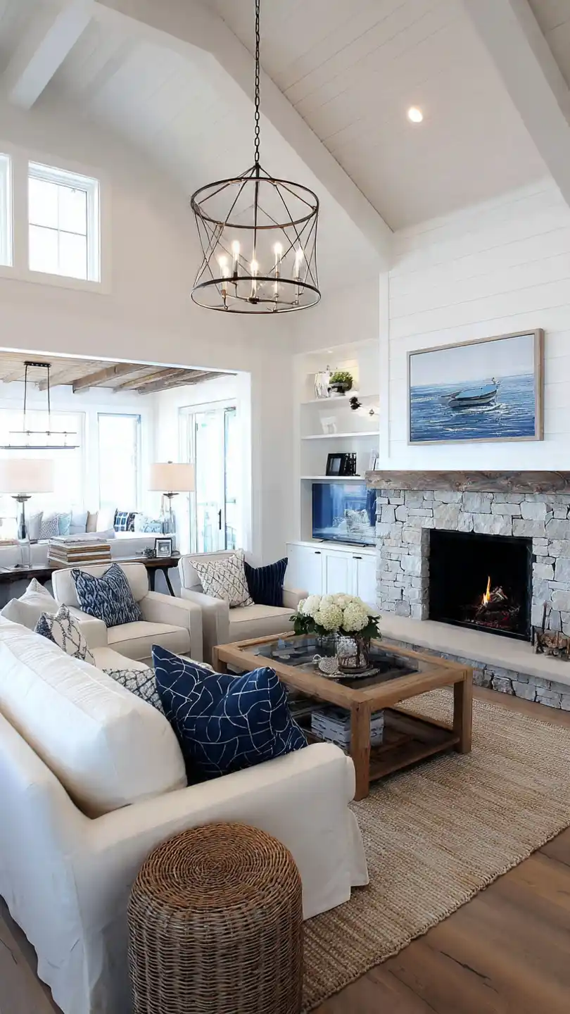 Modern Coastal Farmhouse Living Room with Coastal-Inspired Lighting