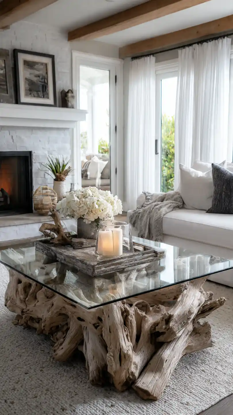 Modern Coastal Farmhouse Living Room with Driftwood Inspired Coffee Table
