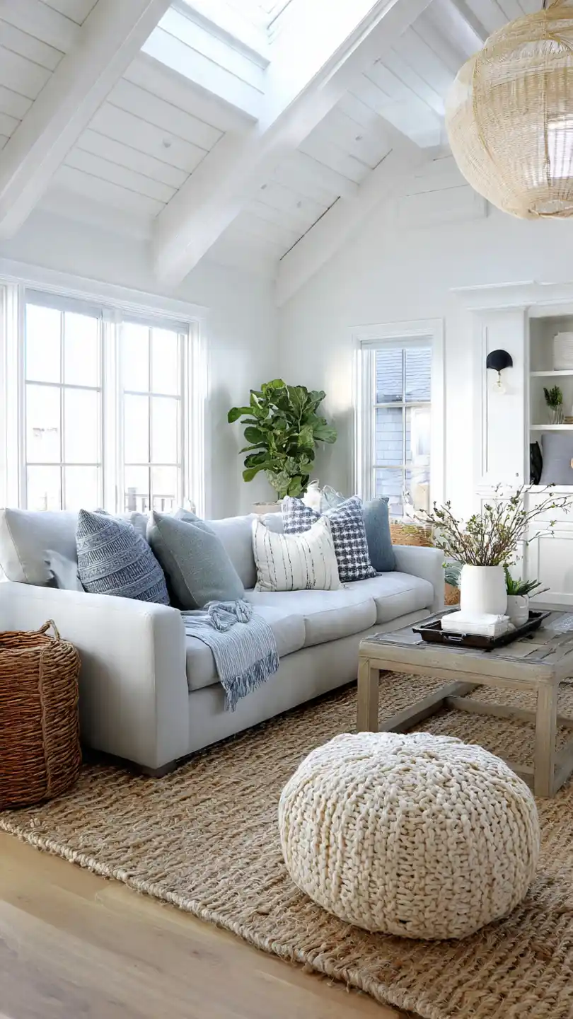 Modern Coastal Farmhouse Living Room with Natural Fiber Rug