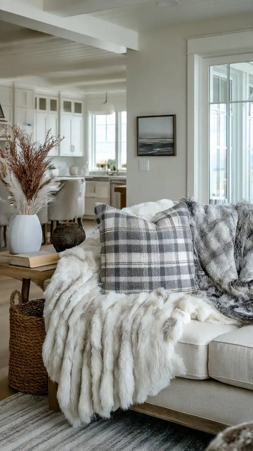 Modern Coastal Farmhouse Living Room with Plush Throw Blankets