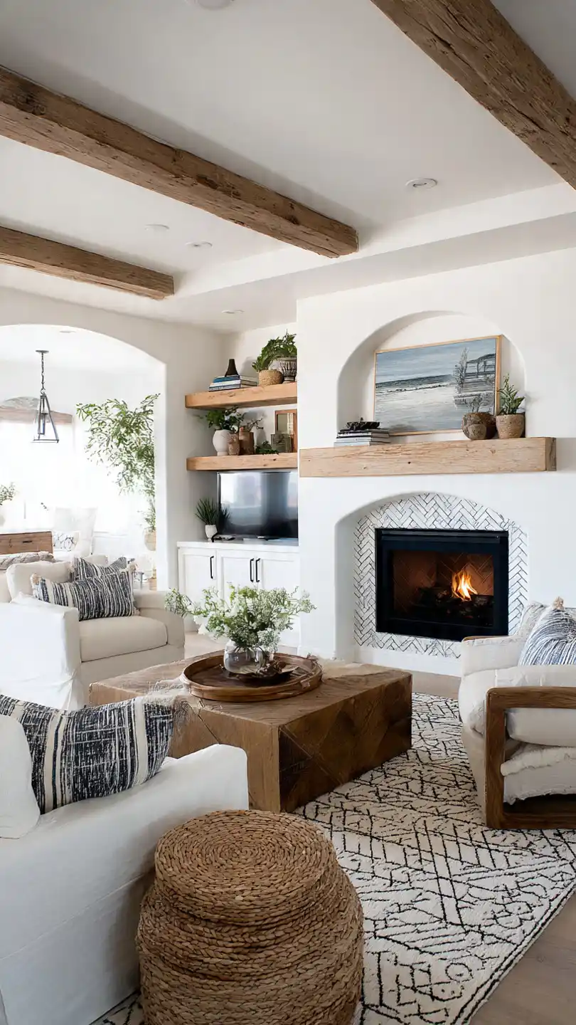 Modern Coastal Farmhouse Living Room with Rustic Wooden Shelves