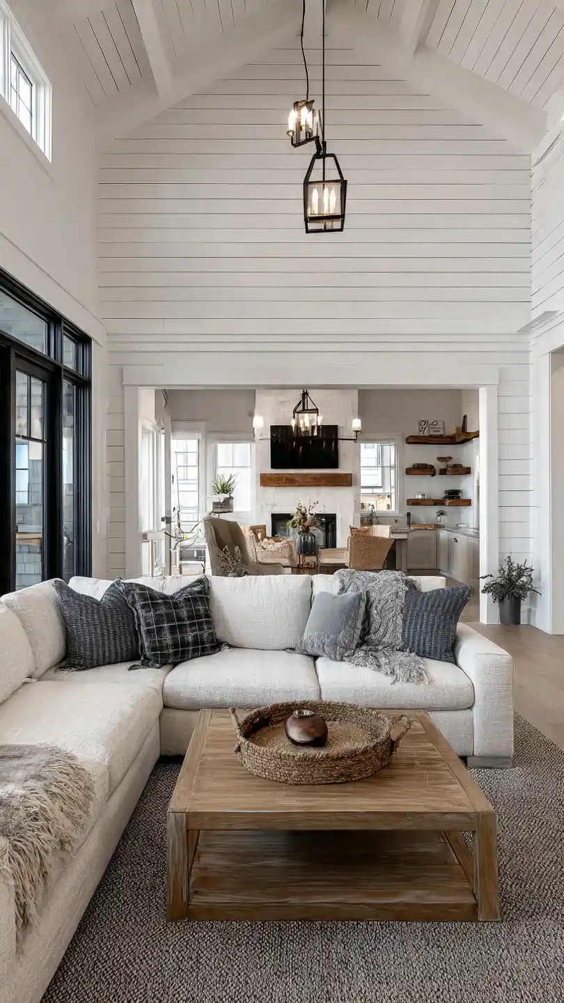 Modern Coastal Farmhouse Living Room with Shiplap Accent Wall