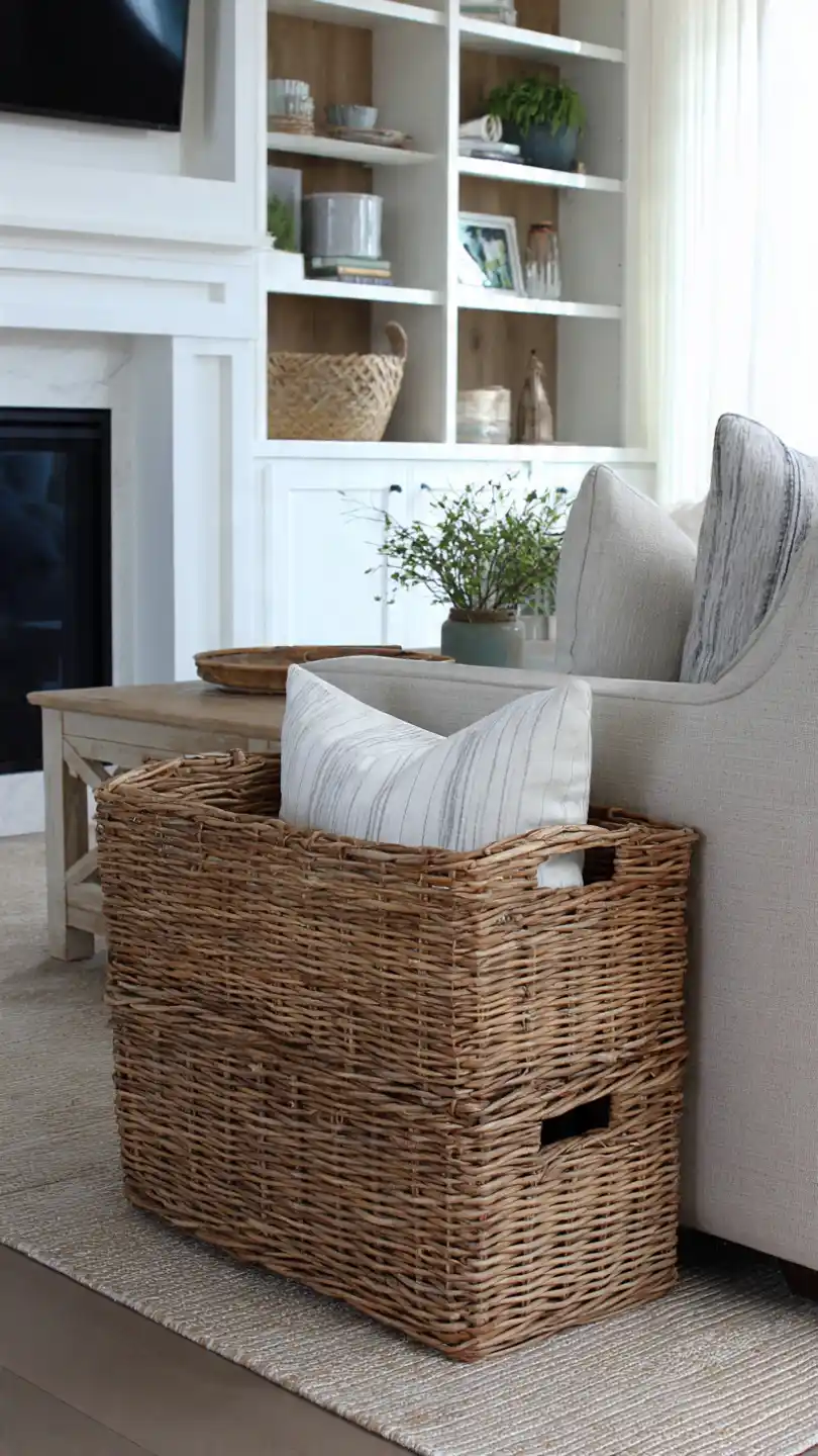 Modern Coastal Farmhouse Living Room with Woven Basket Storage