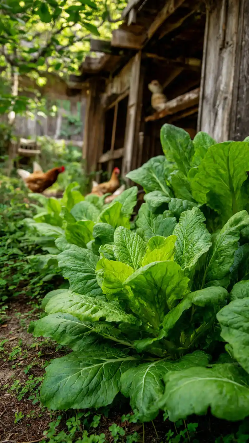 Plants Around Chicken Coop with Mustard Greens