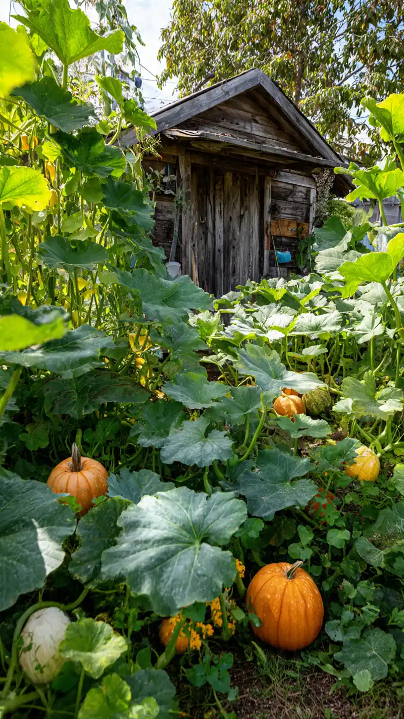 Pumpkins and Squash Plants Around Chicken Coop