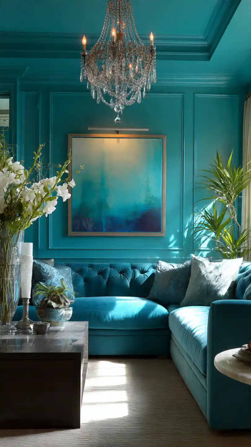 Rich Turquoise Glam Living Room Wall Paint