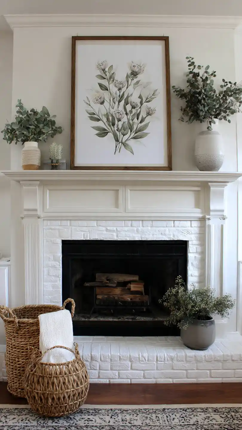 Spring Mantle Decorating with Botanical Print Art Leaning