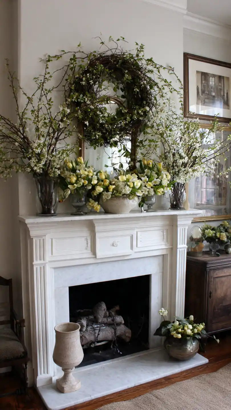 Spring Mantle Decorating with Botanical Wreath Hanging 1