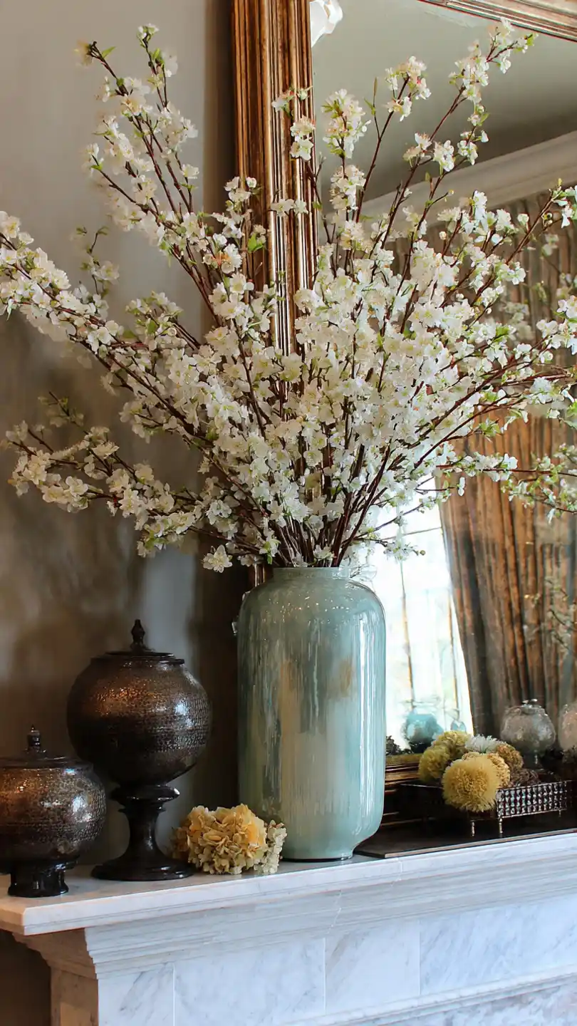 Spring Mantle Decorating with Flowering Branch Statement