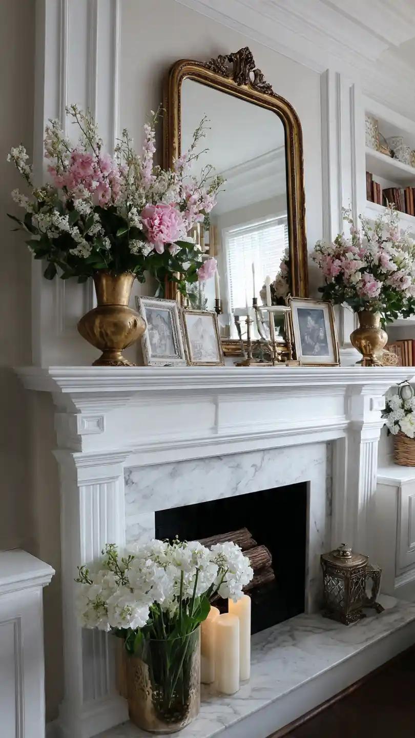 Spring Mantle Decorating with Mirror Behind Amplification