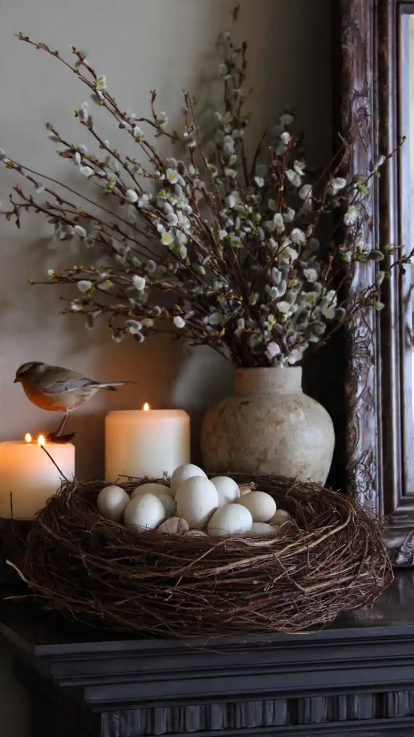 Spring Mantle Decorating with Nest And Egg Natural Symbolism