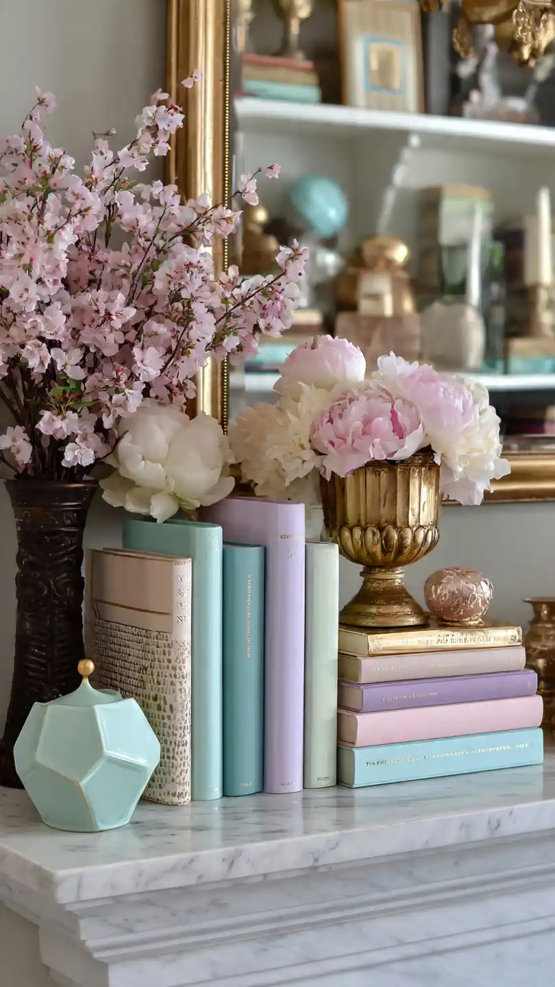 Spring Mantle Decorating with Pastel Book Stack Foundation
