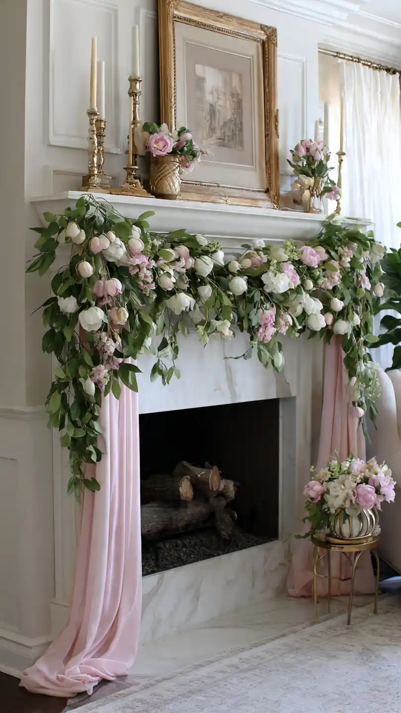 Spring Mantle Decorating with Ribbon Garland Soft Draping