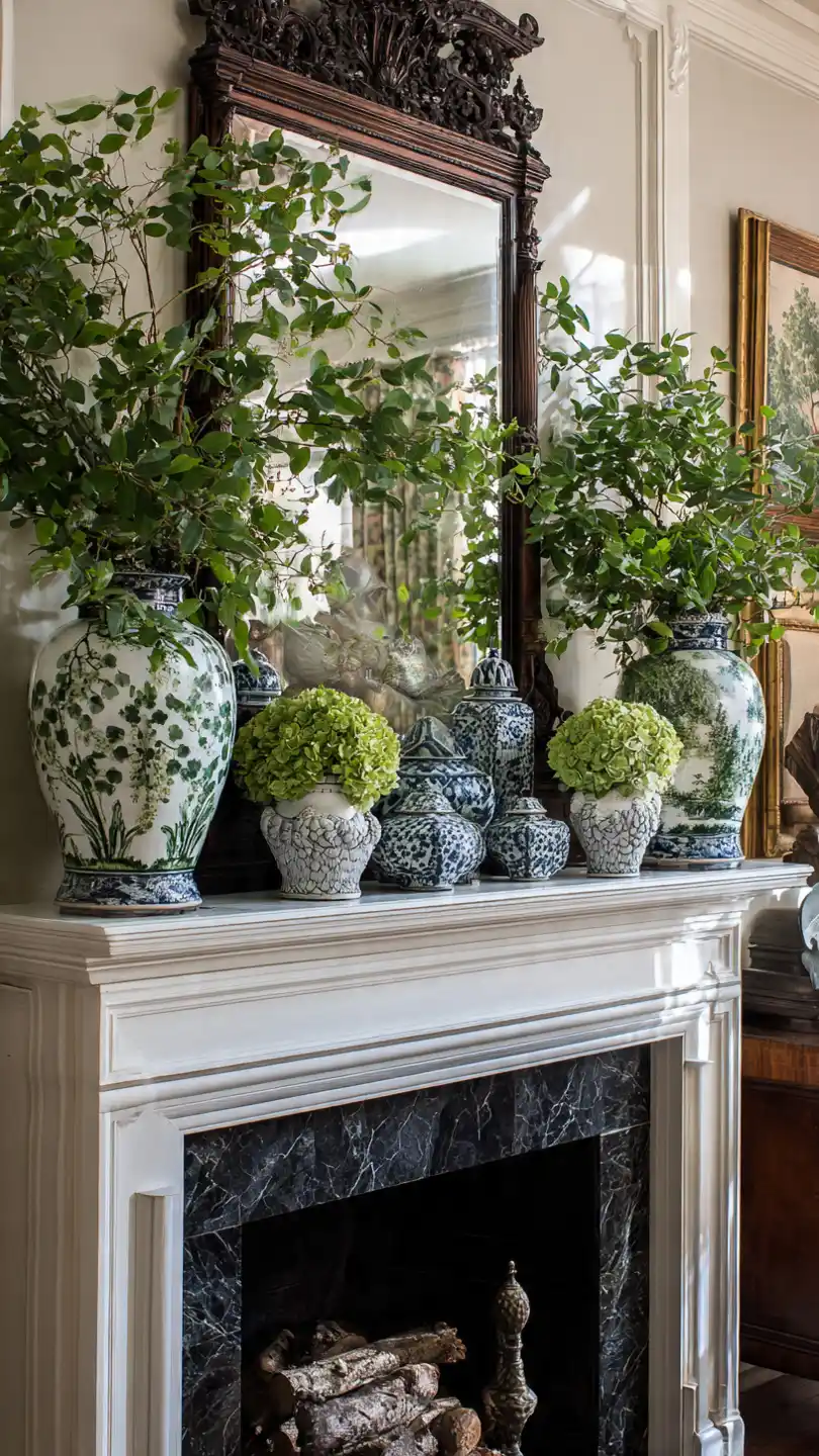 Spring Mantle Decorating with Symmetrical Matched Pair Display