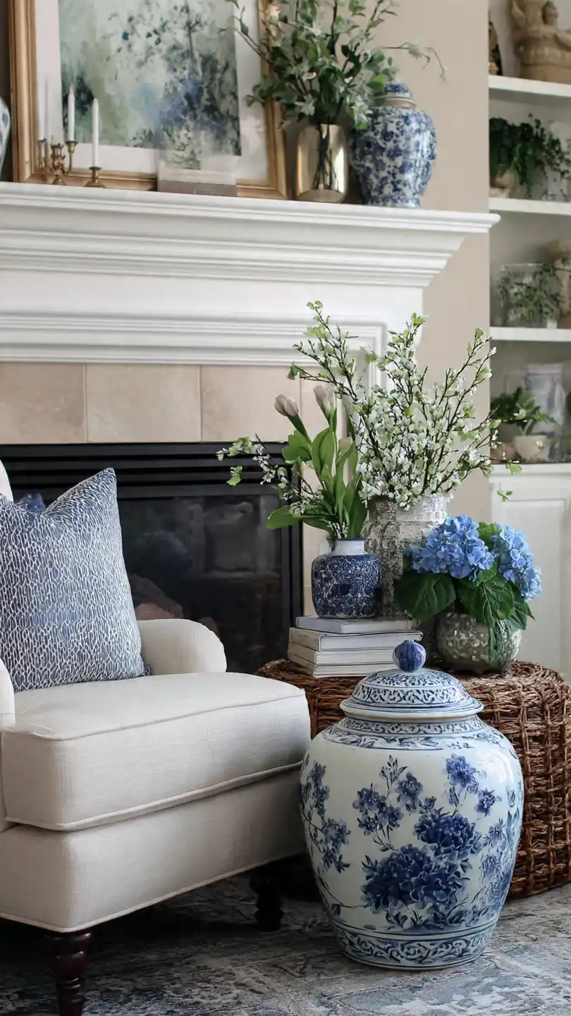 Spring Mantle Decorating with White Ceramic Vessel Collection