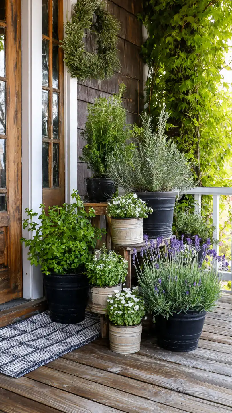 Spring Porch Decorating with Display Potted Herb Gardens