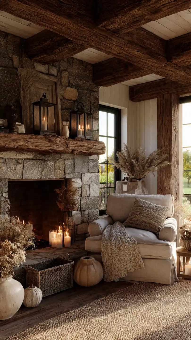Farmhouse Living Room Rustic Wood Beam Mantel with Stone Fireplace