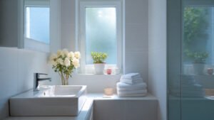 small bathroom interior design with a window brigh