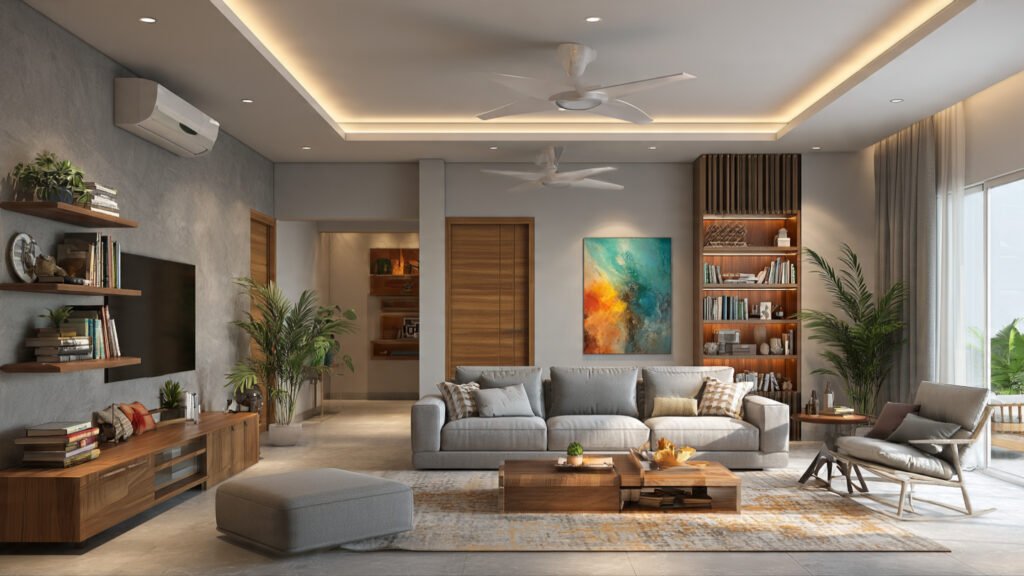 Stunning Hall False Ceiling Design With Two Fans That Avoids A Crowded Look