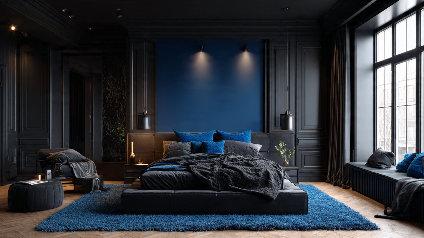 modern black and blue bedroom interior design idea