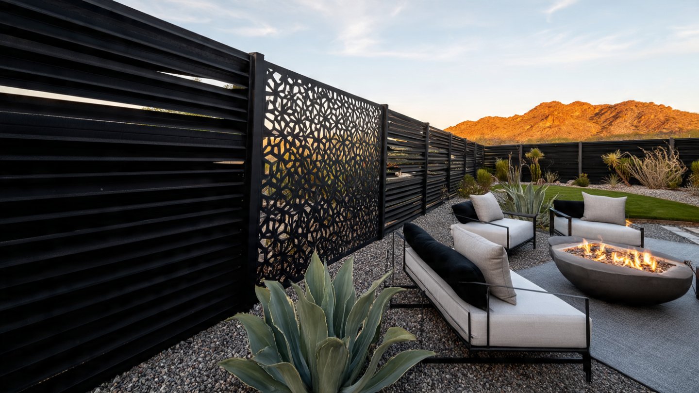 single 169 backyard scene featuring a modern metal