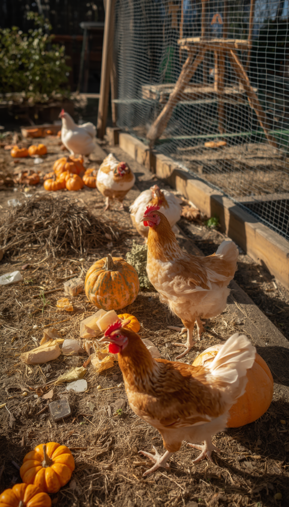 professional photo of Backyard chickens enjoying DIY advanced and seasonal enrichment activities