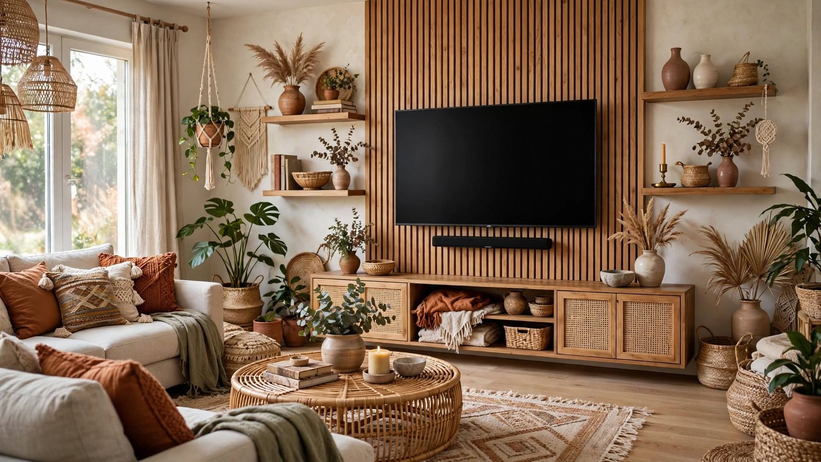 boho living room tv wall