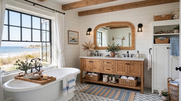 23 Coastal Farmhouse Bathroom Ideas for a Relaxed, Airy Retreat