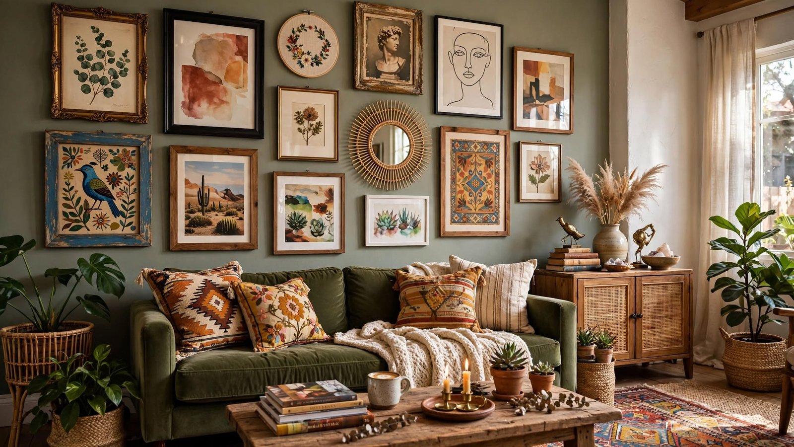 eclectic gallery wall living room