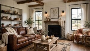 farmhouse living room leather couch