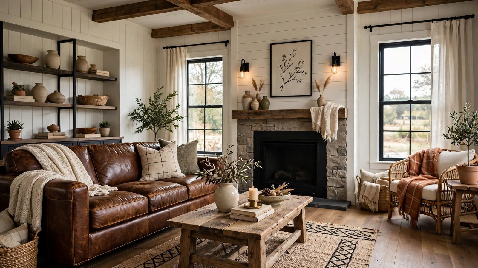 farmhouse living room leather couch