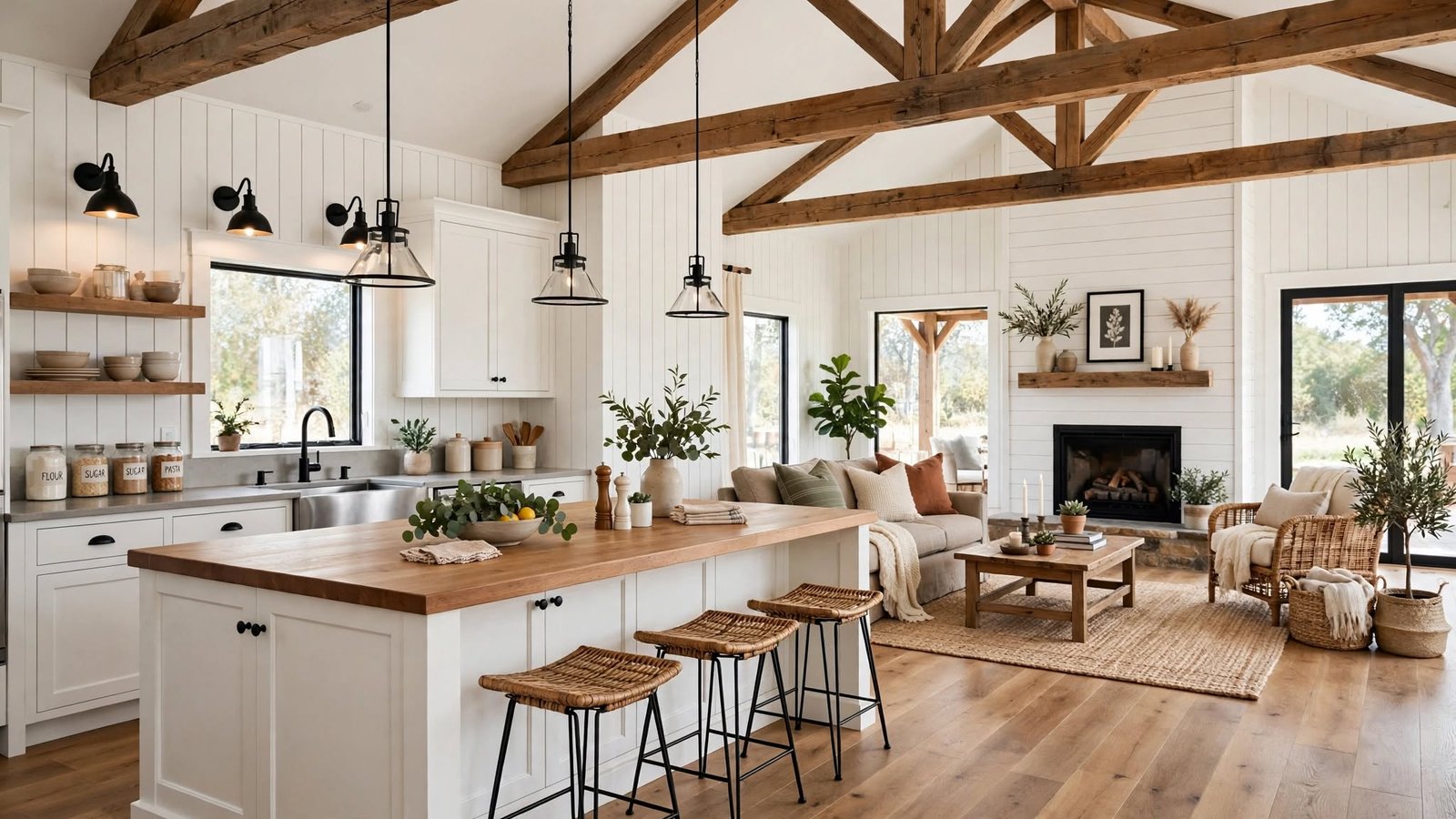 farmhouse open kitchen and living room