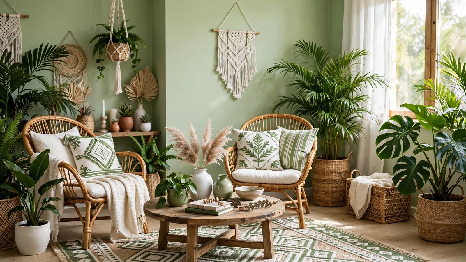 green boho living room