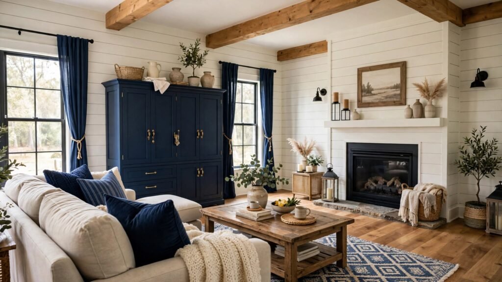 navy blue farmhouse living room