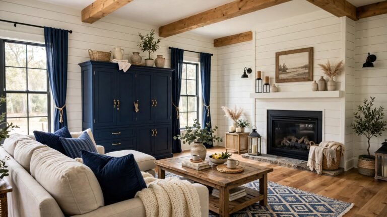 26 Navy Blue Farmhouse Living Room Ideas for a Timeless, Cozy Space