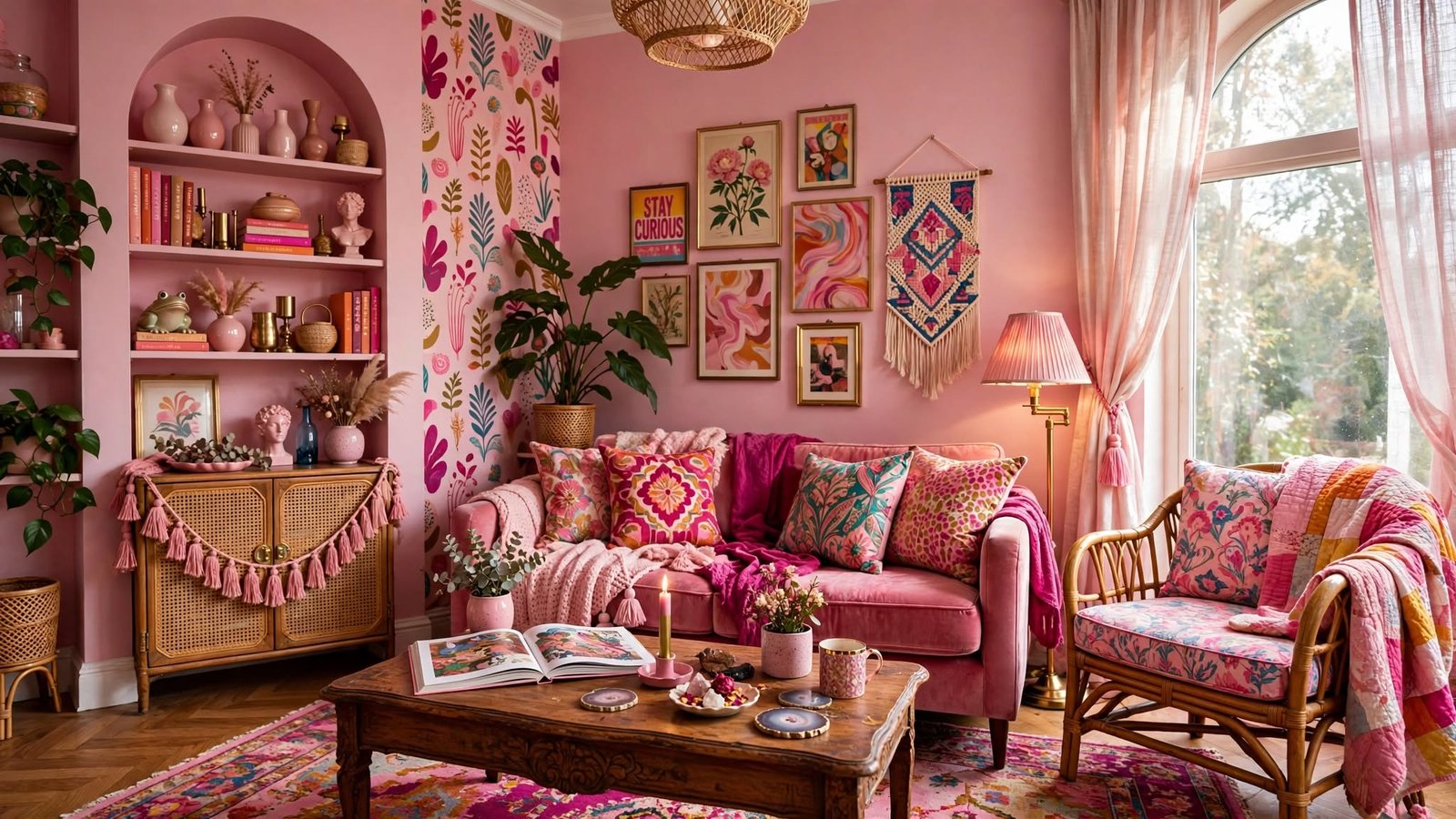 pink eclectic living room