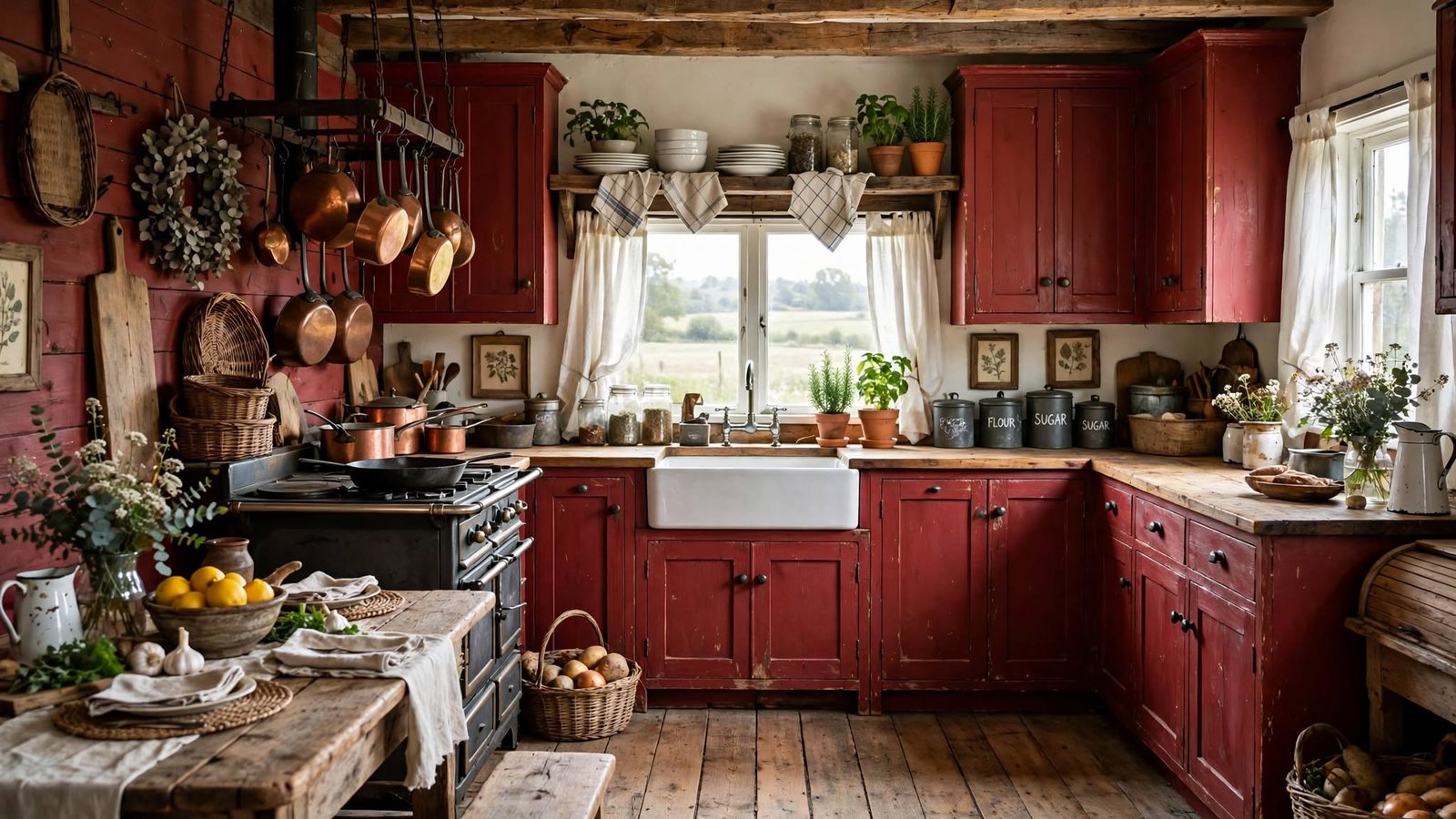 red farmhouse kitchen
