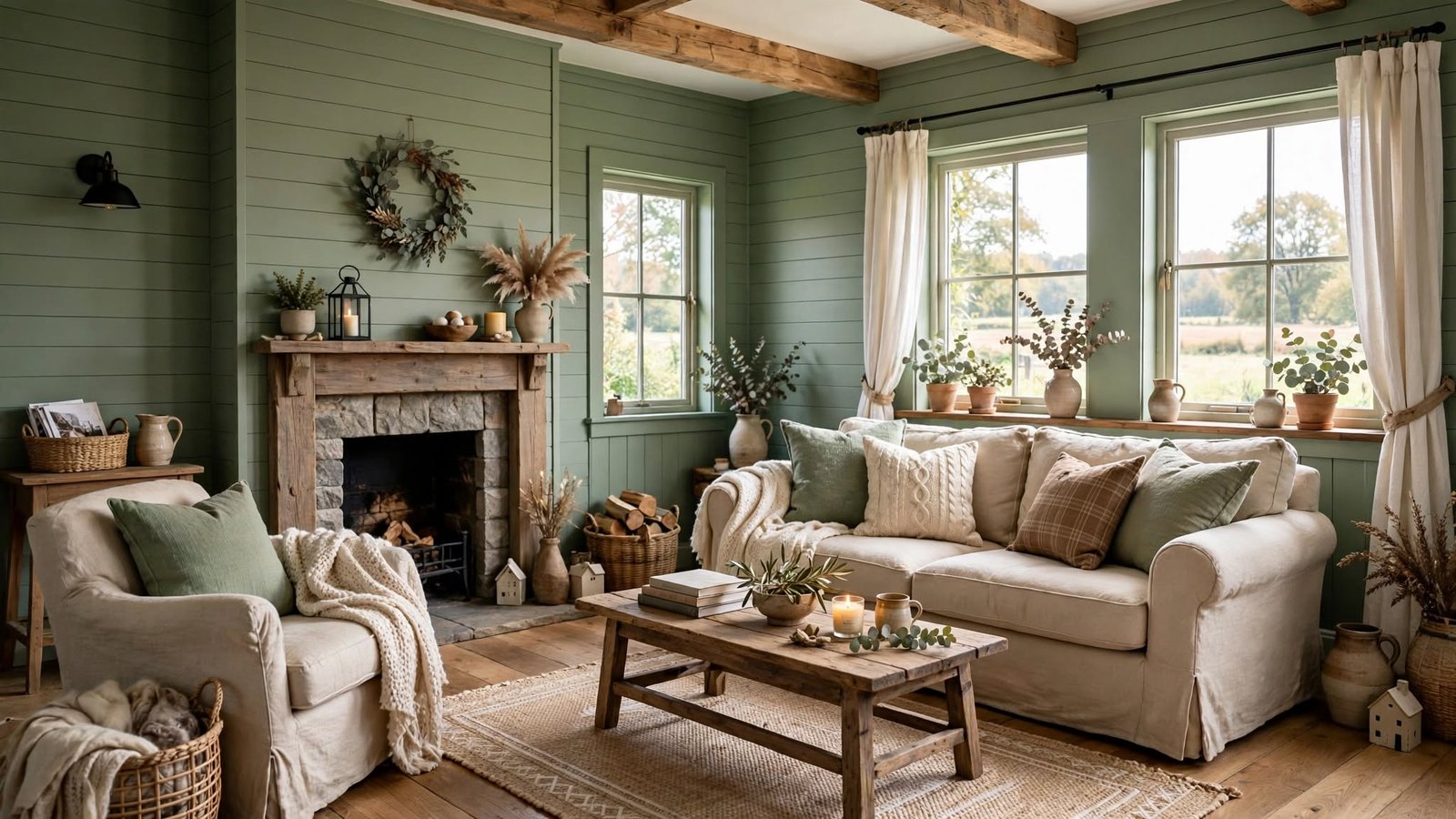 sage green farmhouse living room